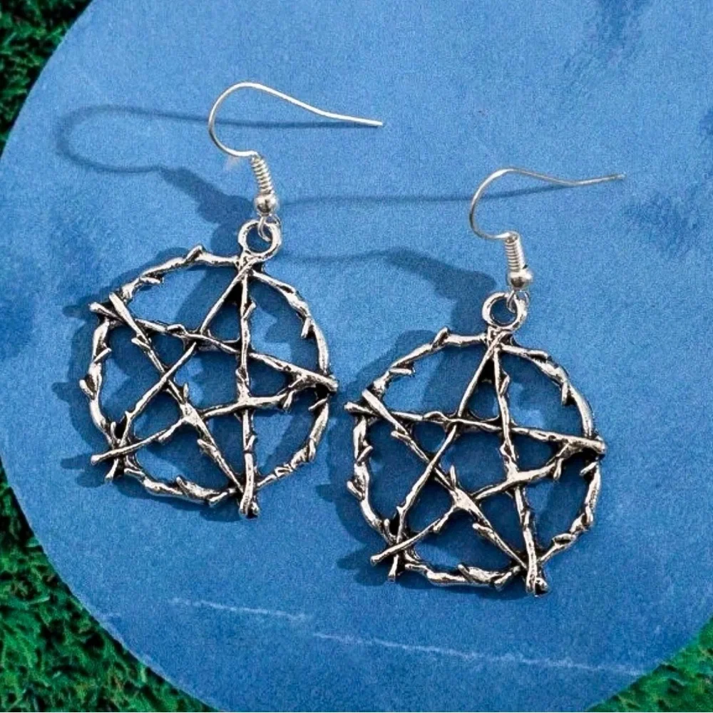 Silver Barbed Wire Pentagram Drop Earrings